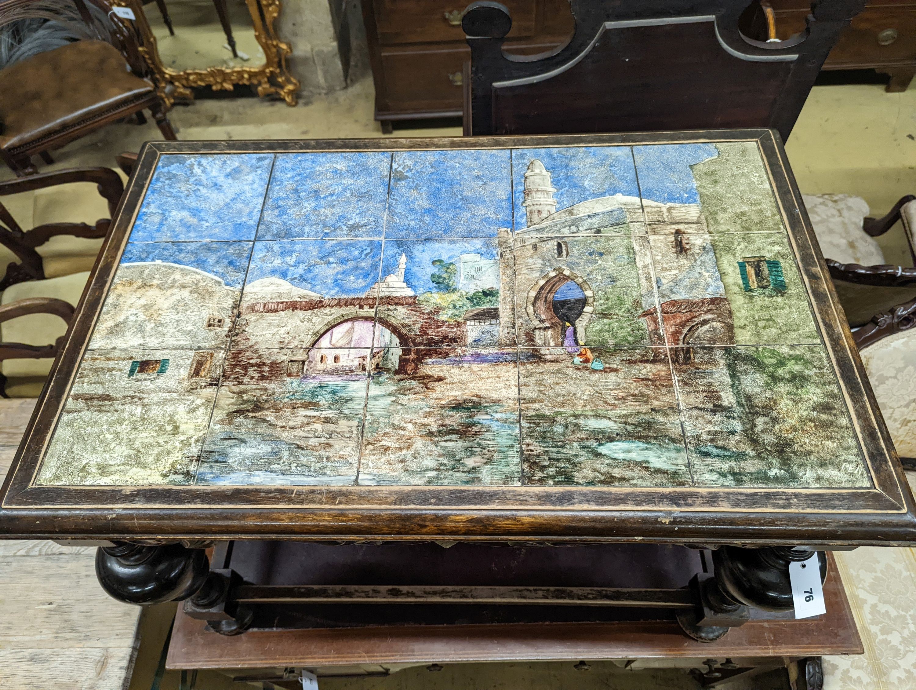 A 17th century style rectangular beech tile topped occasional table, width 85cm, depth 54cm, height 55cm